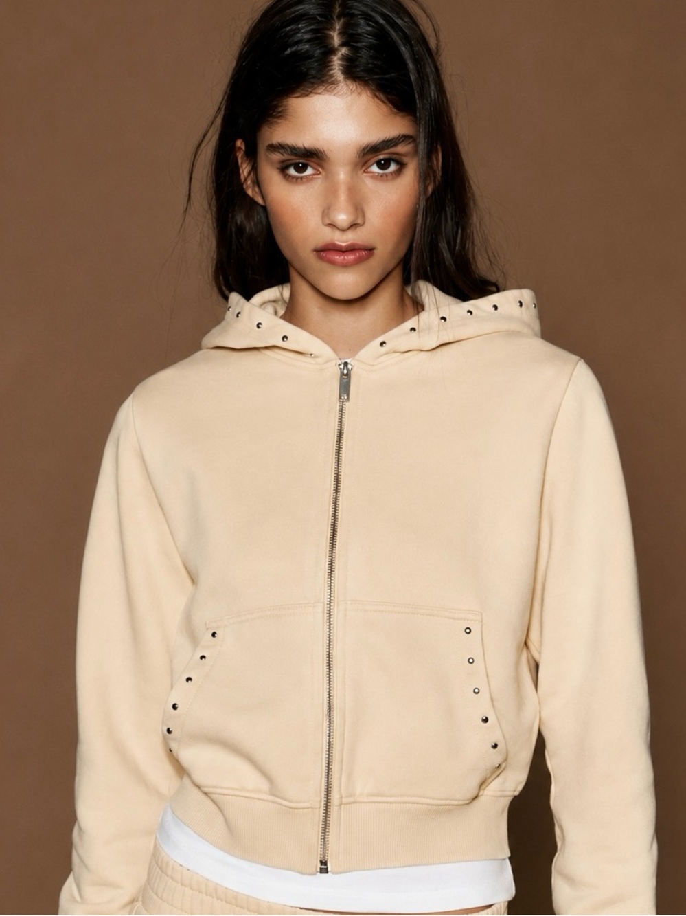 ZARA 100% Cotton Studded Hoodie Sweatshirt with zipper | Light Yellow
